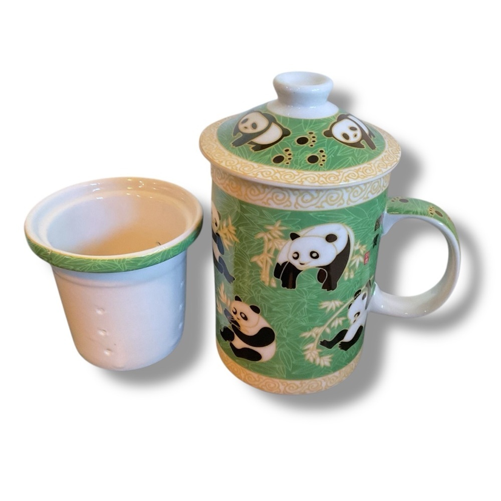 Vintage Panda Bear Mug Tea Strainer Lid Green Yellow Ceramic Cup Set Asian China